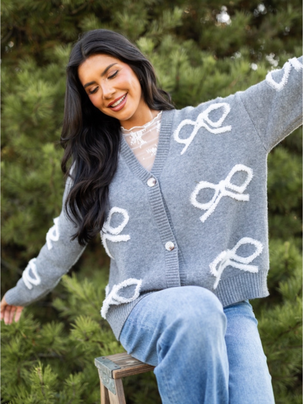 Pink Lily Cozy White and Grey Bow Cardigan